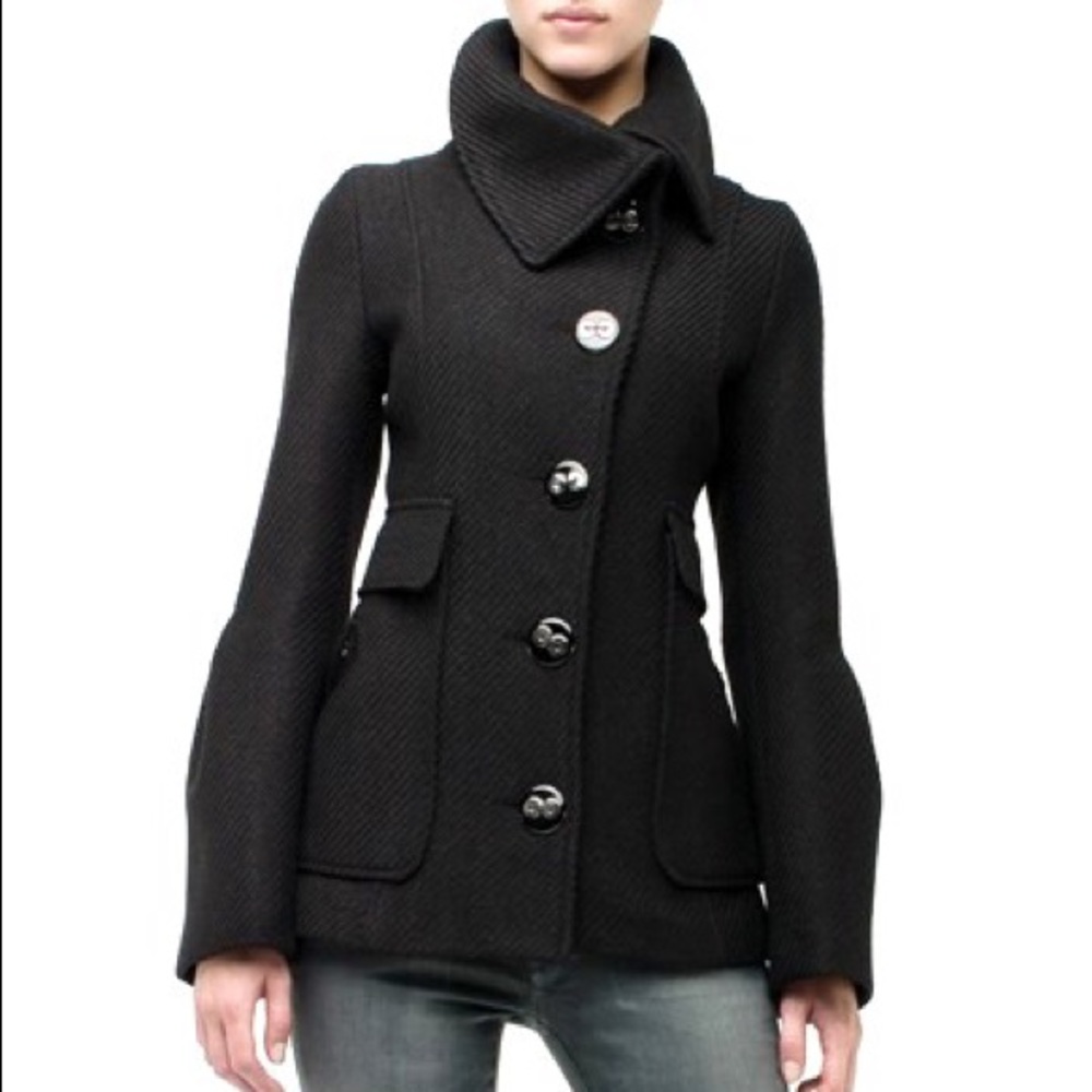 Mackage Ava Coat in Black Wool and Leather with Bell Sleeves (MADE IN CANADA!)